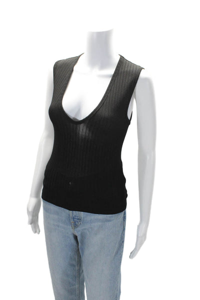 Leluxe Womens Stretch Ribbed V-Neck Sleeveless Pullover Tank Top Black Size XS