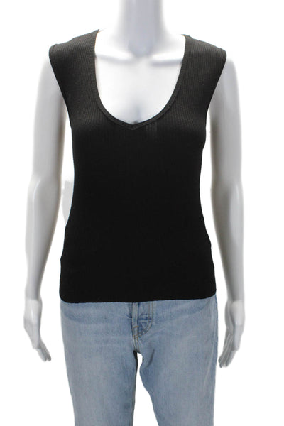 Leluxe Womens Stretch Ribbed Knit V-Neck Pullover Tank Top Black Size XS