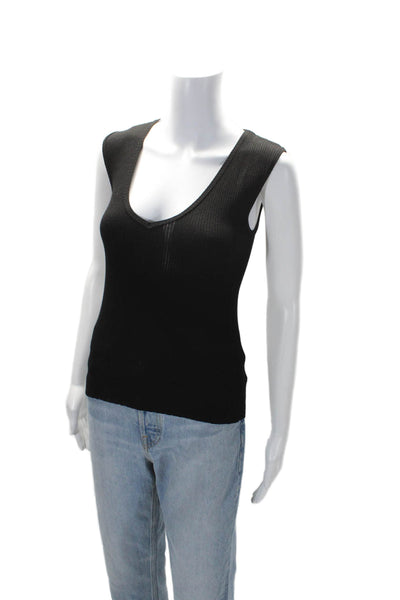 Leluxe Womens Stretch Ribbed Knit V-Neck Pullover Tank Top Black Size XS