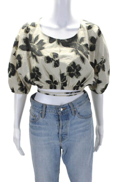 Ninety Percent Womens Cotton Floral Short Sleeve Cropped Blouse Top Tan Size XS