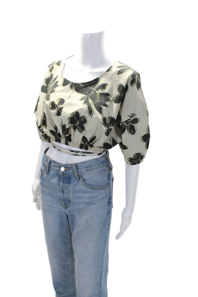 Ninety Percent Womens Cotton Floral Short Sleeve Cropped Blouse Top Tan Size XS