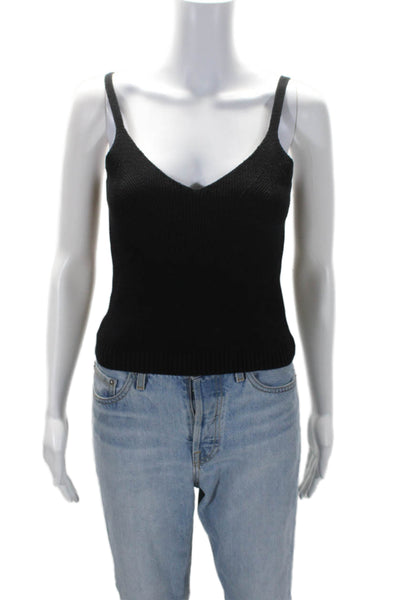 La Ligne Womens Spaghetti Strap V Neck Ribbed Knit Cropped Tank Top Black Small