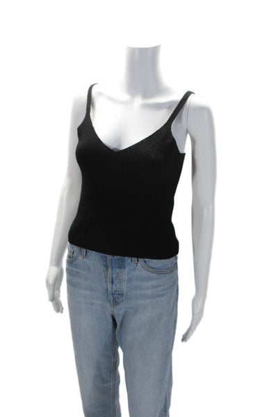 La Ligne Womens Spaghetti Strap V Neck Ribbed Knit Cropped Tank Top Black Small