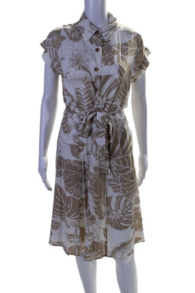 Calvin Klein Womens Floral Print Belted A Line Dress White Beige Size 6