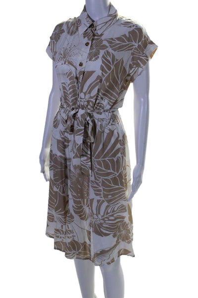 Calvin Klein Womens Floral Print Belted A Line Dress White Beige Size 6