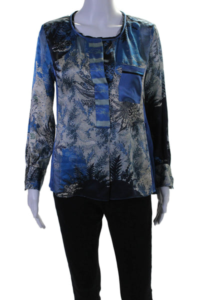 Elie Tahari Womens Floral Print Long Sleeves Blouse Blue White Size Small