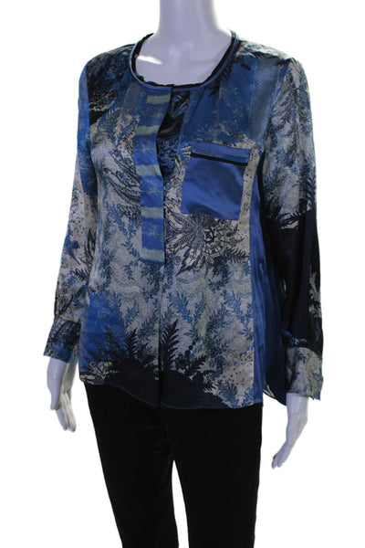Elie Tahari Womens Floral Print Long Sleeves Blouse Blue White Size Small