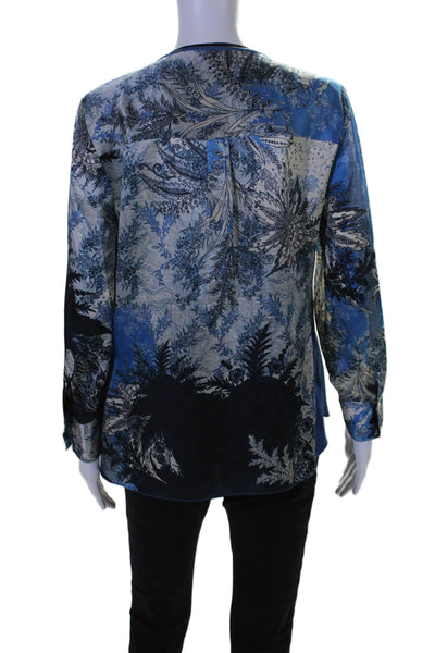 Elie Tahari Womens Floral Print Long Sleeves Blouse Blue White Size Small
