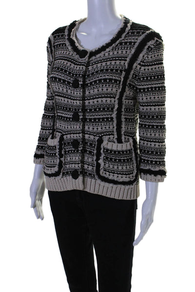 Rachel Roy Womens Woven Button Down Cardigan Sweater Beige Black Size Small