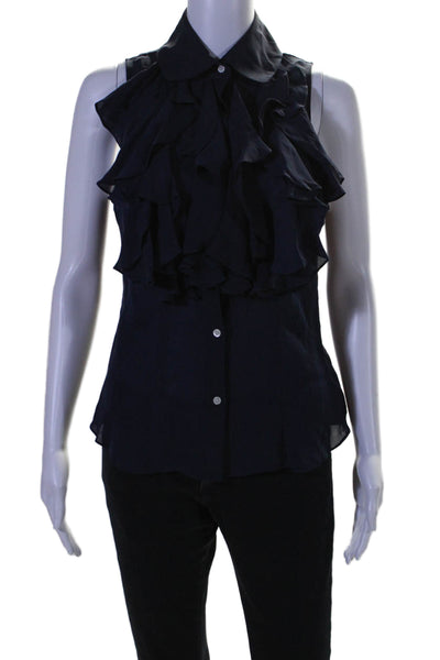 Lauren Ralph Lauren Womens Silk Ruffled Button Down Tank Top Navy Blue Size Smal