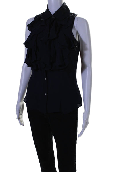 Lauren Ralph Lauren Womens Silk Ruffled Button Down Tank Top Navy Blue Size Smal