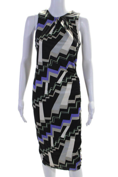 Poleci Womens Silk Geometric Print Ruched Tied Sleeveless Dress Black Size S