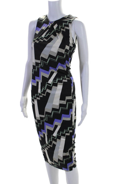 Poleci Womens Silk Geometric Print Ruched Tied Sleeveless Dress Black Size S