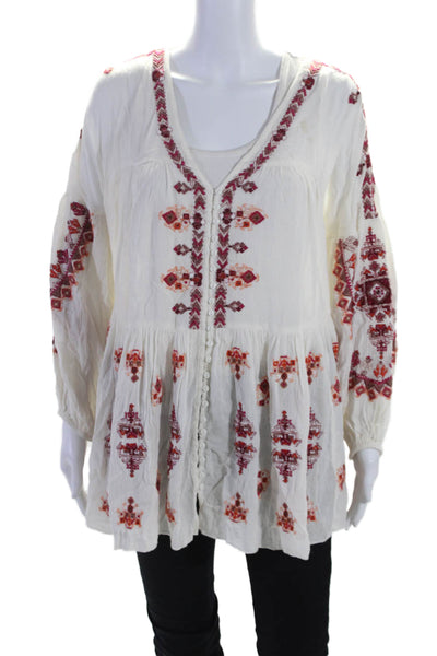 Free People Womens Embroidered Floral Buttoned Long Sleeve Blouse White Size XS