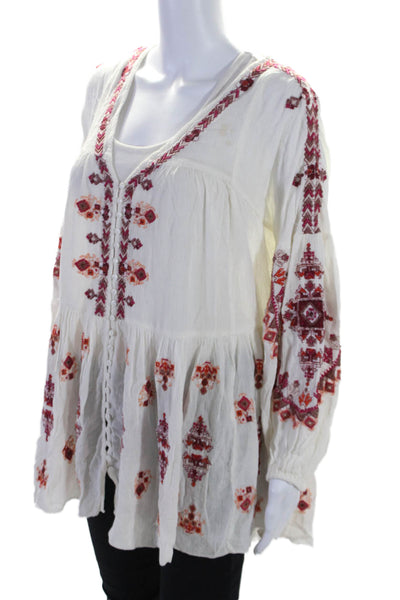 Free People Womens Embroidered Floral Buttoned Long Sleeve Blouse White Size XS