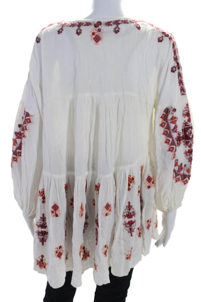 Free People Womens Embroidered Floral Buttoned Long Sleeve Blouse White Size XS