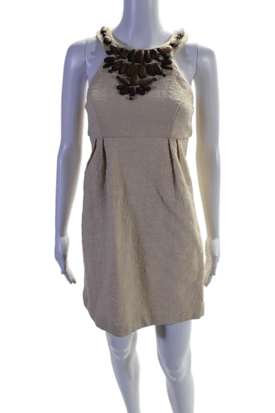 Shoshanna Womens Wood Applique Sleeveless High Waist Dress Beige Size 0