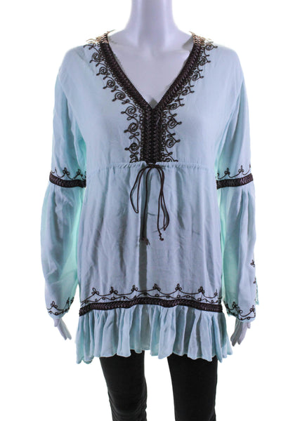 Donale Pour Calypso Womens Long Sleeve Tiered Flare Lace Blouse Blue Size M