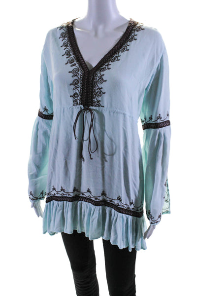Donale Pour Calypso Womens Long Sleeve Tiered Flare Lace Blouse Blue Size M