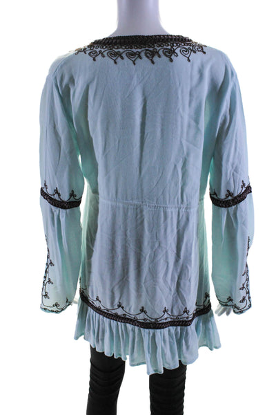 Donale Pour Calypso Womens Long Sleeve Tiered Flare Lace Blouse Blue Size M