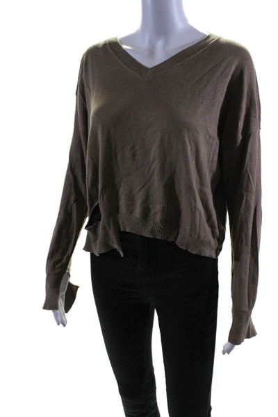 Planet Womens Ribbed V-neck Thin Knit Distressed Cropped Sweater Brown OS