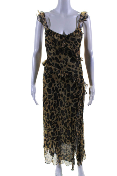 Zara Womens Sleeveless Ruffled V Neck Leopard Print Maxi Dress Brown Size XS