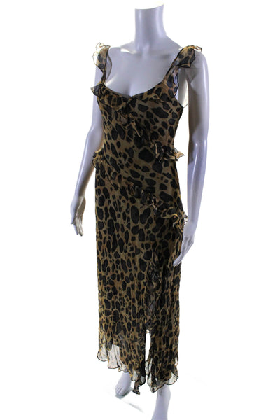 Zara Womens Sleeveless Ruffled V Neck Leopard Print Maxi Dress Brown Size XS