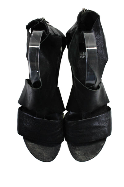 Eileen Fisher Womens Black Leather Crisscross Zip Platform Sandals Shoes Size 11