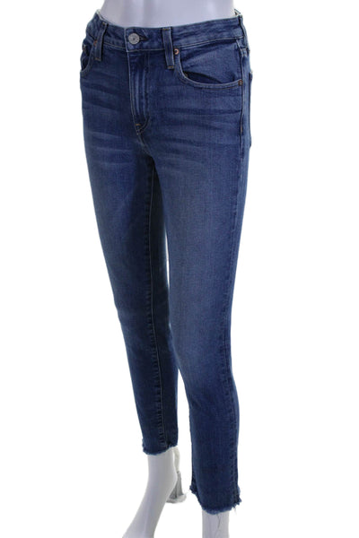 Trave Womens High Rise Medium Wash Raw Hem Slim Straight Jeans Blue Size 26