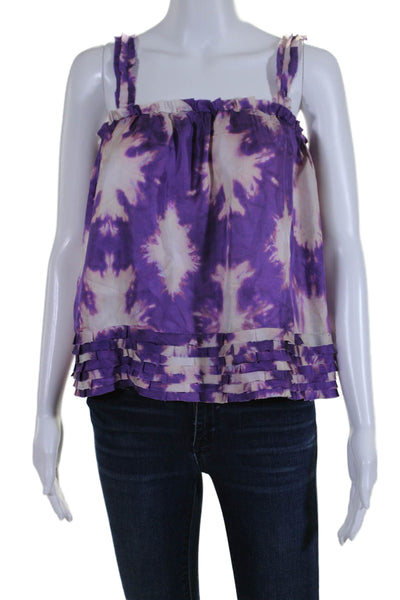 Ulla Johnson Womens Silk Tie Dye Print Ruffle Trim Blouse Purple Size 2