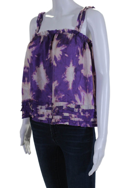 Ulla Johnson Womens Silk Tie Dye Print Ruffle Trim Blouse Purple Size 2