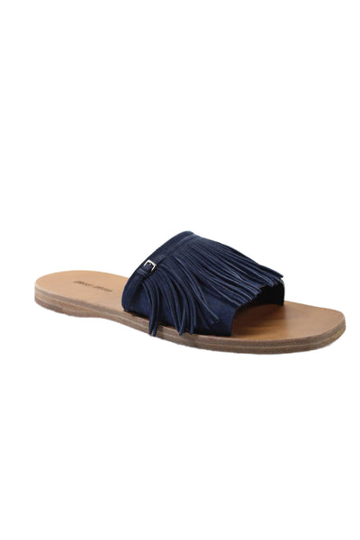 Miu Miu Womens Suede Fringe Open Toe Slides Blue Size 8