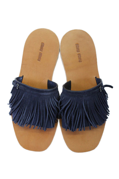 Miu Miu Womens Suede Fringe Open Toe Slides Blue Size 8