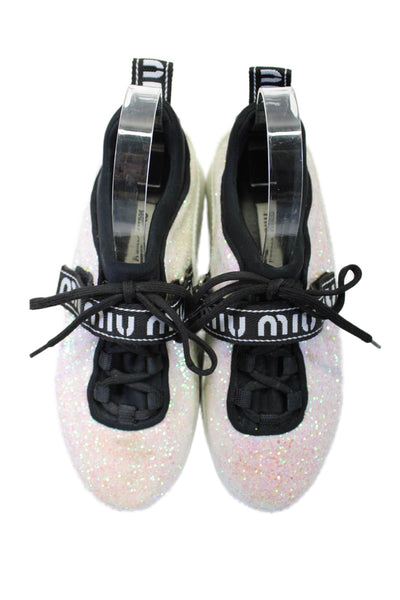 Miu Miu Womens Glittery Hook Pile Lace Up Low Top Sneakers Pink Size 7.5