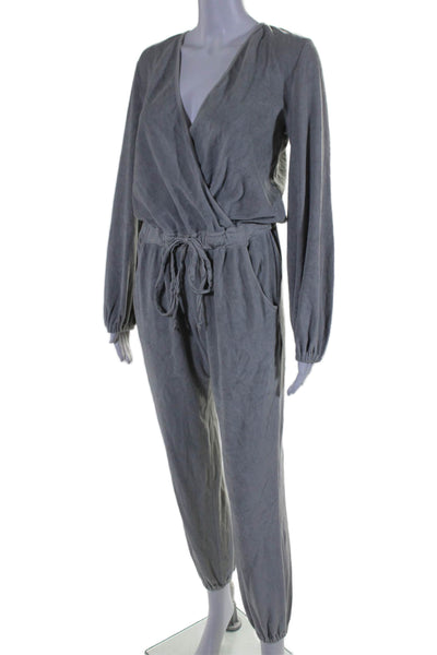 YFB Womens Elastic Waist Long Sleeve V Neck Tapered Leg Jumpsuit Gray Size XS