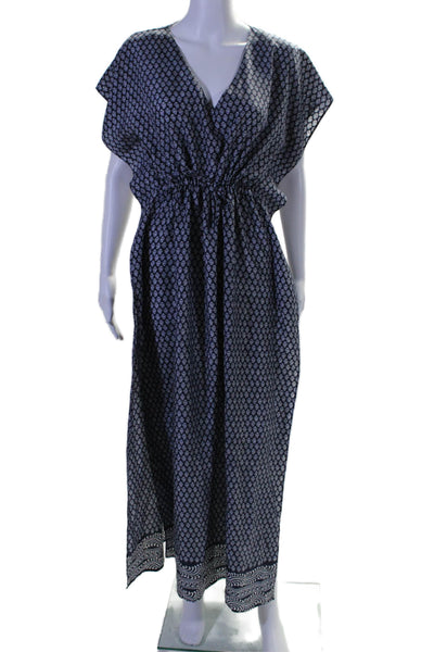 Delfina Womens Silk V Neck Short Sleeves Kaftan Dress Navy Blue White Size Small