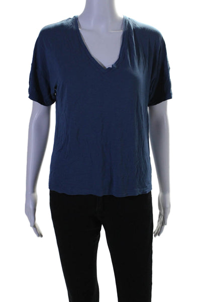 Vince Womens Short Sleeves Pullover V Neck Tee Shirt Admiral Blue Size Small