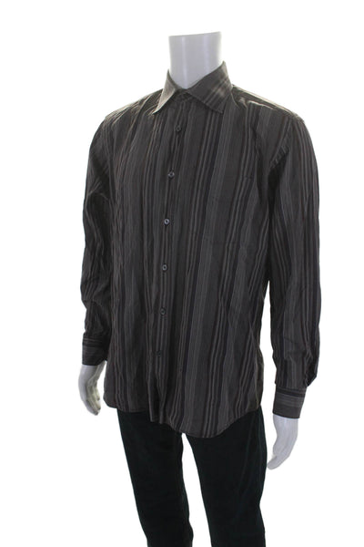 Paul Smith Mens Long Sleeve Collared Striped Button Down Shirt Brown 16