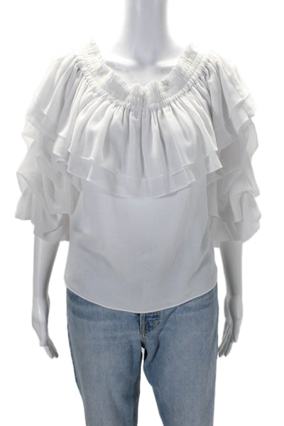 Misa Womens Off The Shoulder Ruffled Hem Bubble Sleeved Top White Size XS