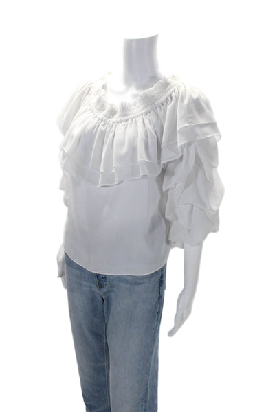 Misa Womens Off The Shoulder Ruffled Hem Bubble Sleeved Top White Size XS