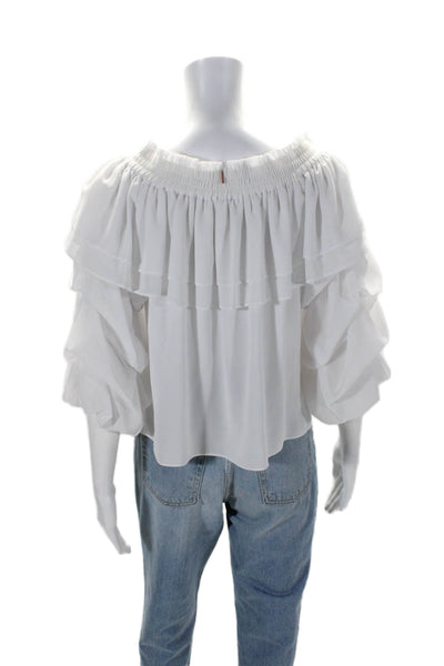 Misa Womens Off The Shoulder Ruffled Hem Bubble Sleeved Top White Size XS