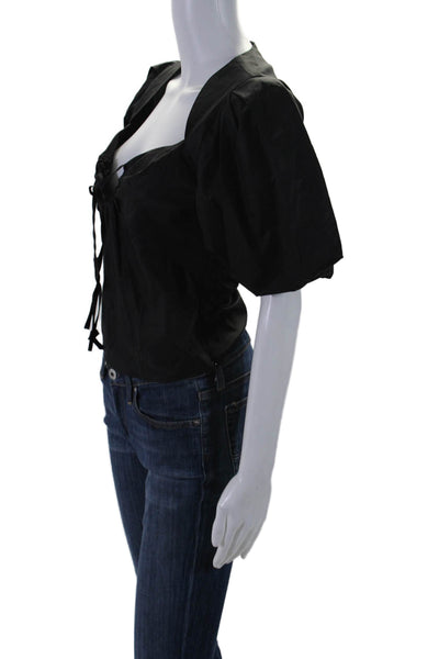 Frame Women's V-Neck Puff Sleeves Cinch Key Hole Blouse Black Size XS