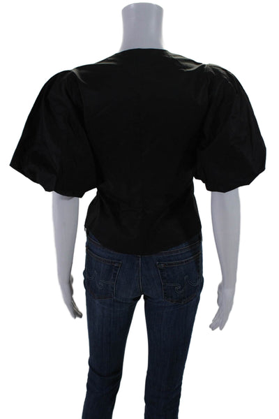 Frame Women's V-Neck Puff Sleeves Cinch Key Hole Blouse Black Size XS