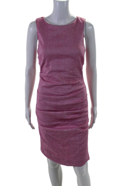 Nicole Miller Womens Round Neck Zipped Sleeveless Ruched Midi Dress Pink Size 8