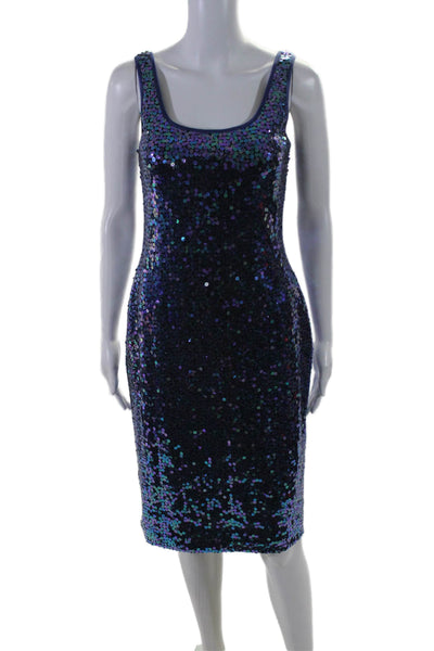 Alexa Admor Womens Sequined Sleeveless Textured Round Neck Zip Dress Blue Size M