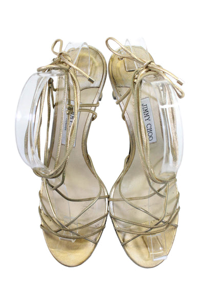 Jimmy Choo Womens Strappy Open Top Gladiator Tie High Heel Metallic Gold Size 10