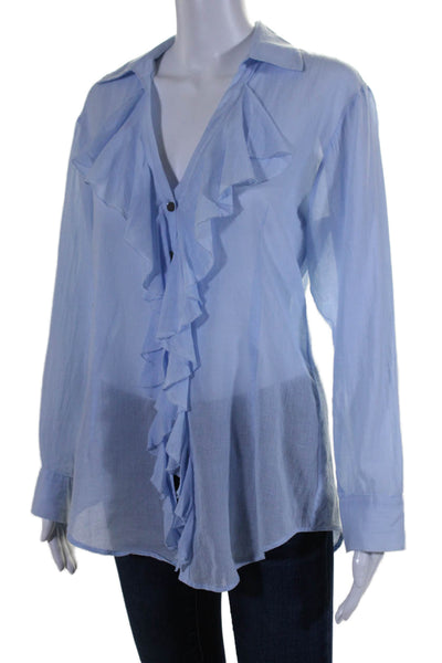 Mona Thalheimer Women's Long Sleeves Ruffle Button Down Blouse Blue Size S