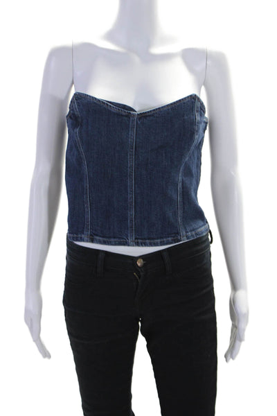 Le Jean Womens Side Zip Strapless V Neck Denim Crop Top Blue Size Medium