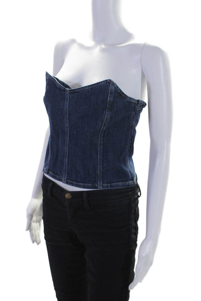 Le Jean Womens Side Zip Strapless V Neck Denim Crop Top Blue Size Medium