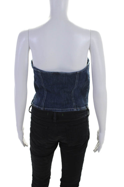 Le Jean Womens Side Zip Strapless V Neck Denim Crop Top Blue Size Medium